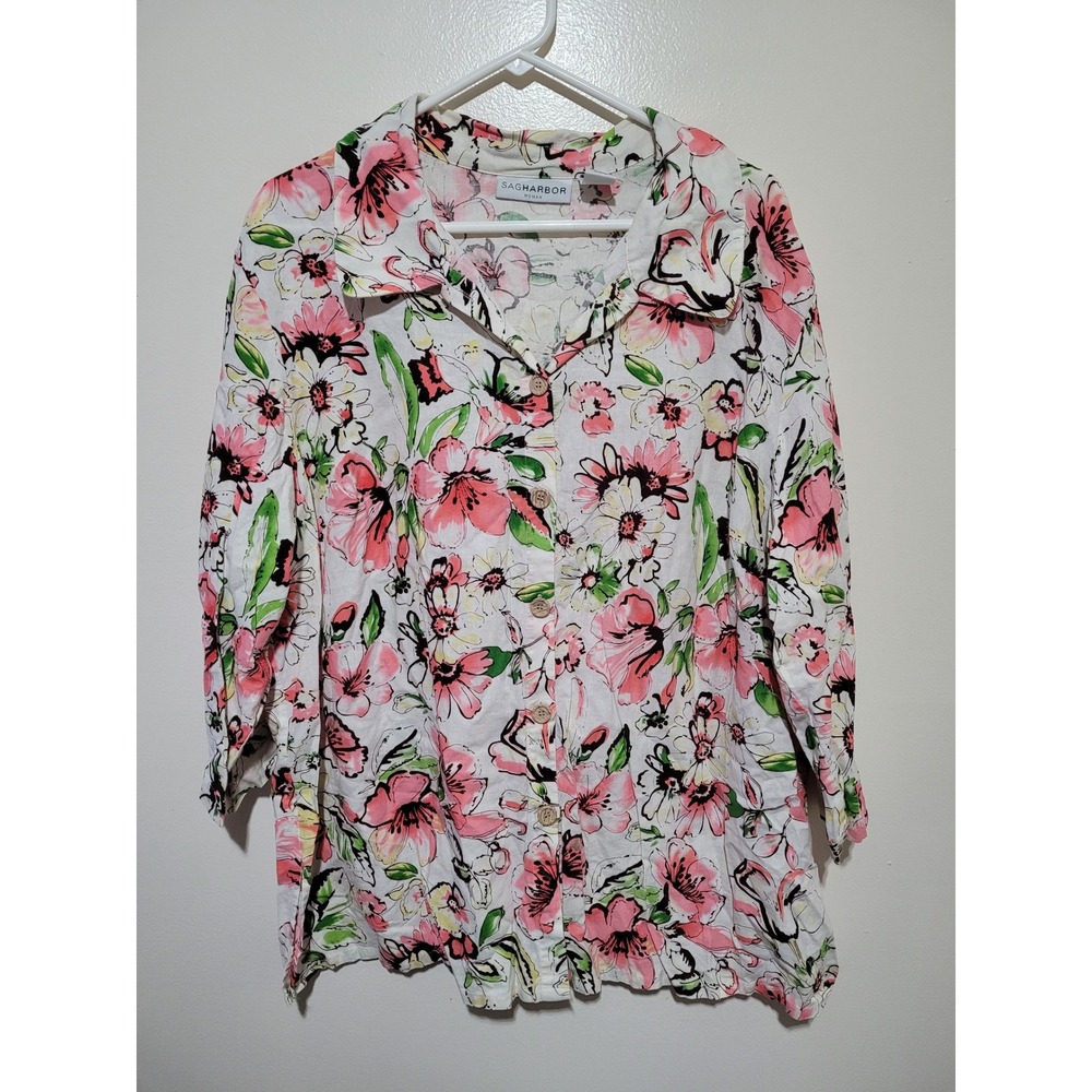 Sag Harbor Button Down Shirt Women 2X White Pink Floral Linen Blend